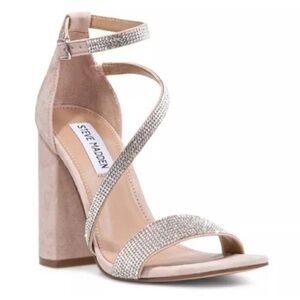Steve Madden Varali Nude Sandals 7.5 Rhinestone Block Heel Suede
